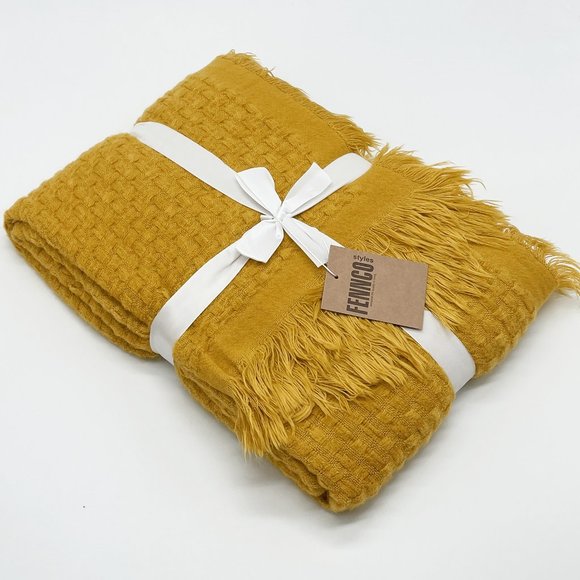 Mustard Waffle Weave Solid Lightweight 50"x60" Throw Blanket with Fringe - Picture 1 of 4